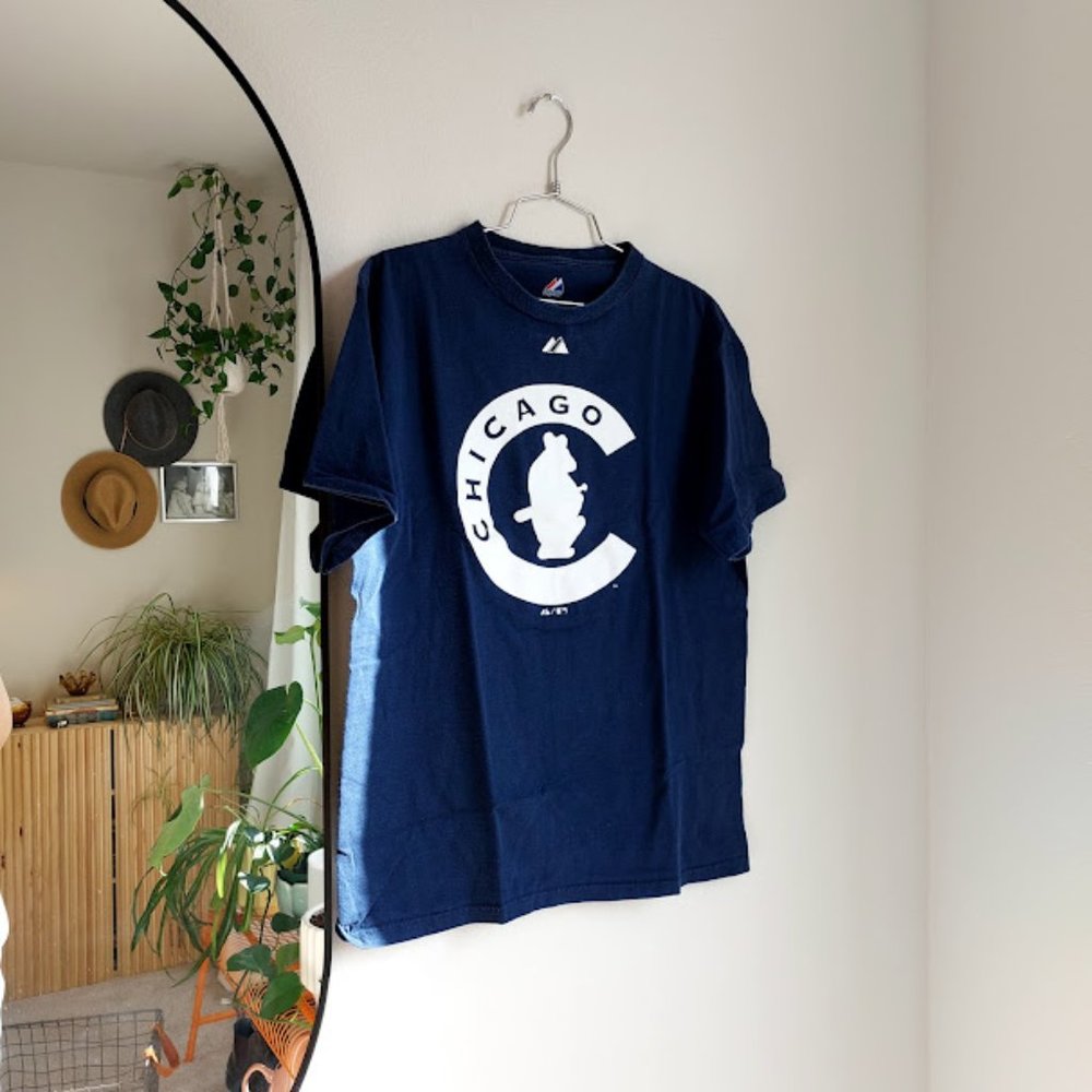 Chicago Cubs Throwback Logo Screenprint Cotton T-Shirt, Navy, Men's Medium